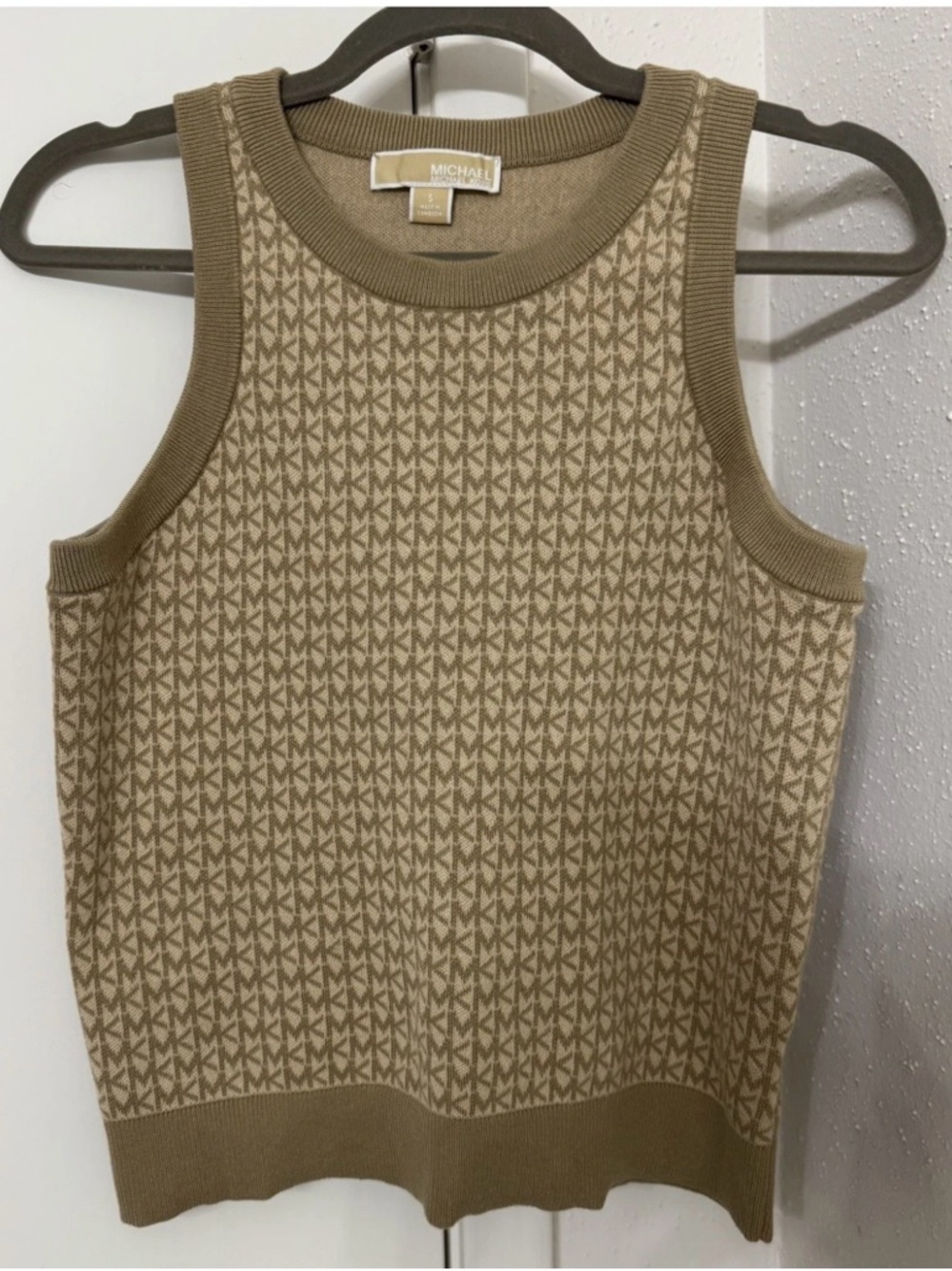 Michael Kors Ladies Sweater Vest MK All Over Logo Beige Size Small